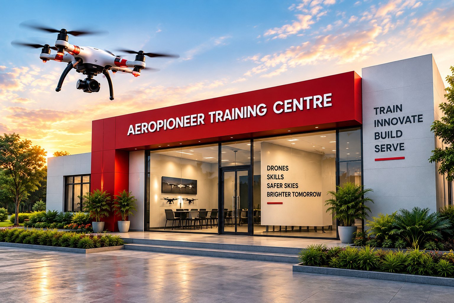 Aeropioneer Training Centre building with a drone flying overhead at dusk