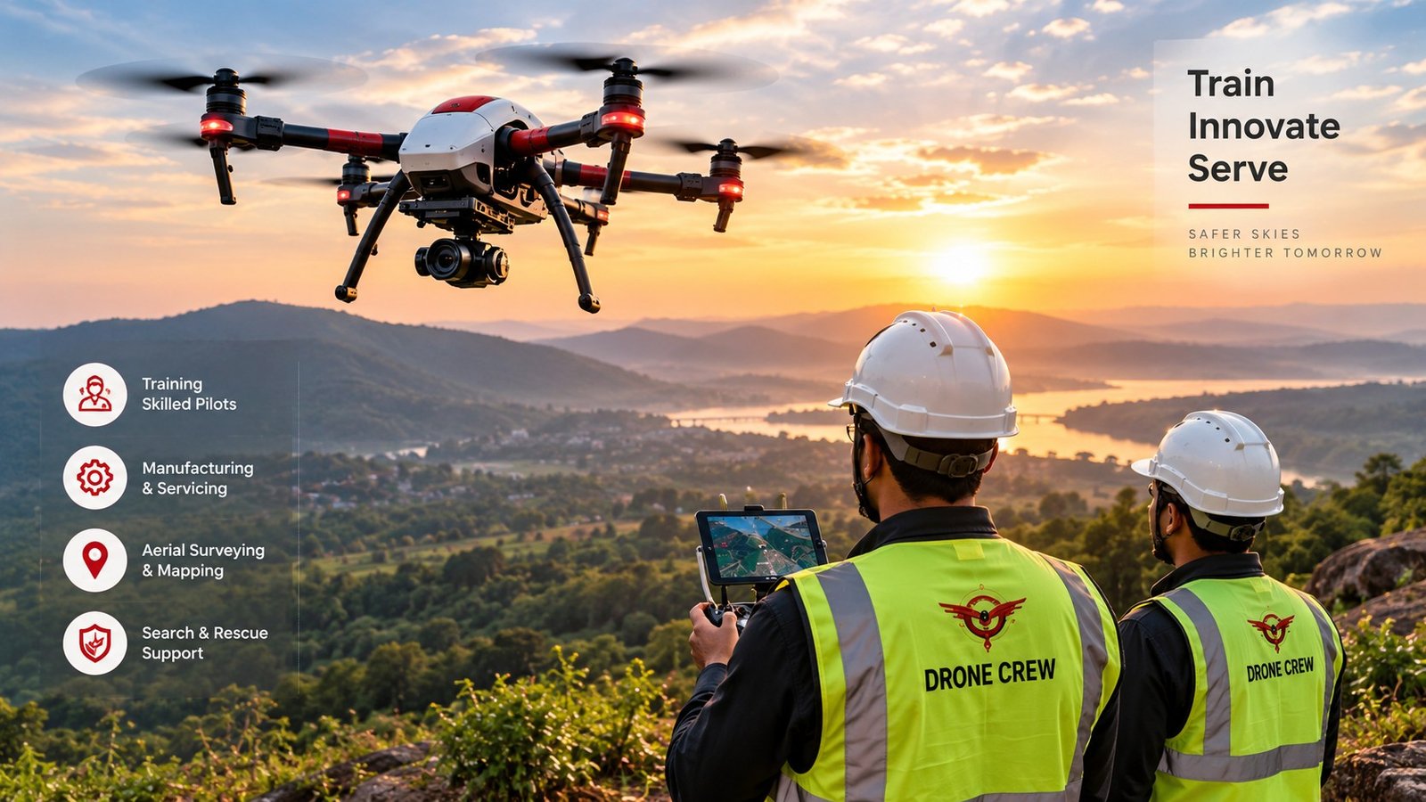 Drone crew flying a rotorcraft drone over hills at sunset