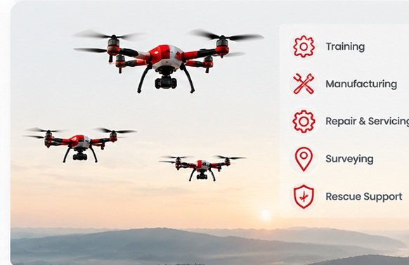 Fleet of drones flying together at sunset
