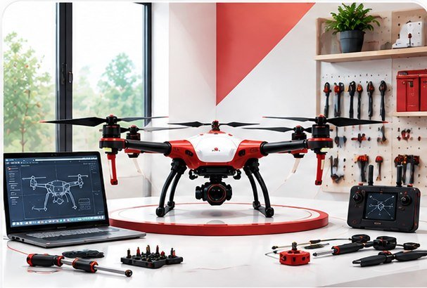 Drone being assembled and tested on a manufacturing workbench