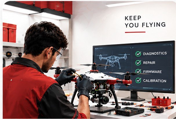 Technician repairing and calibrating a drone in the service workshop