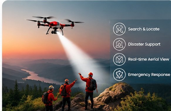 Rescue team directing a drone during a search and disaster-response operation