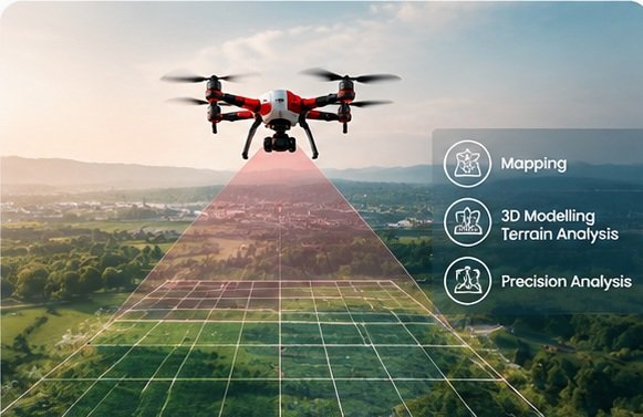 Drone performing aerial mapping and terrain survey over farmland